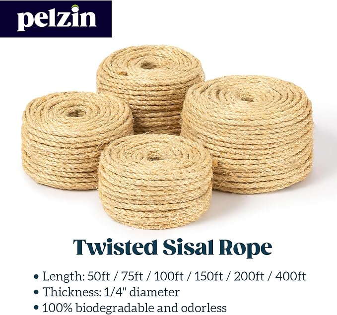 Pelzin Natural Sisal Rope for Cat Scratcher 1/4 Inch by 400 Feet, Cat Tree Rope Twine for Cat Scratching Post Replacement, Cat Tower with Scratch Post Repairing, Replace, Recovering and DIY, Natural