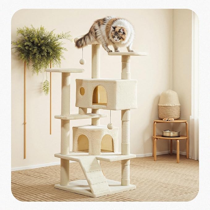 54 Inch Cat Tree Tower with Natural Sisal Scratching Post | Multi-Level Cat Climbing Tower with Hammock, Pet Condo for Indoor Cats and Kittens, Beige