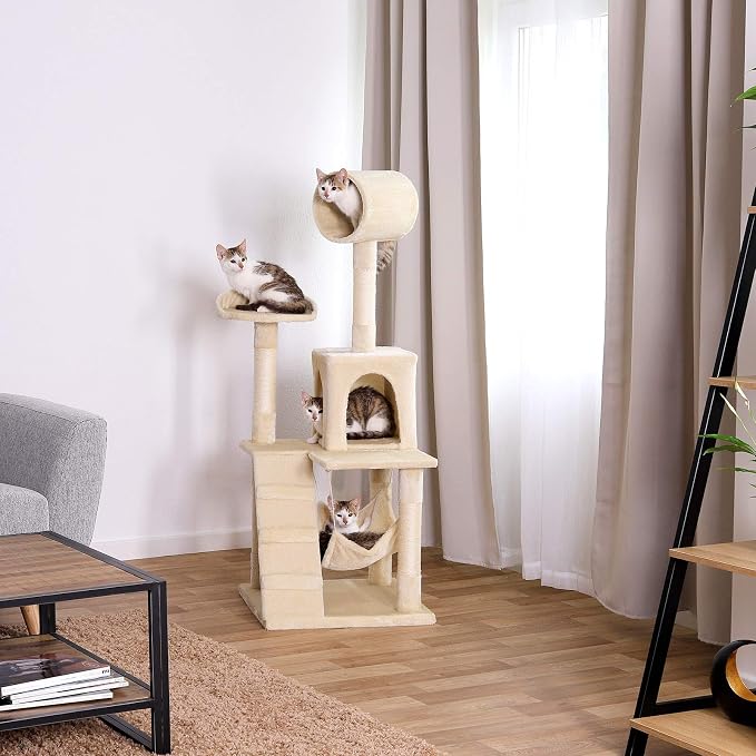 lionto Scratching Tree for Cats with Hammock & Tunnel, Height 52,4 in, cat Tree with sisal Rope & Soft Plush, Cozy Lying Areas & Caves, Suitable for Small & Large Cats, Beige