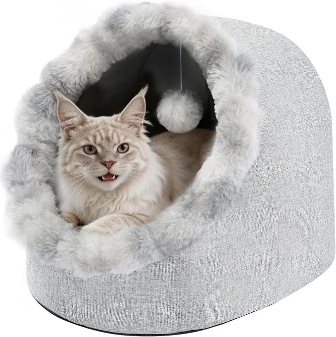 Avont Cat Bed Cave for Indoor Cats, Semi-Enclosed Cat House with Anti-Slip Bottom & Removable Washable Cushion, Warm Plush Cat Tent for Medium Cats & Small Dogs -L