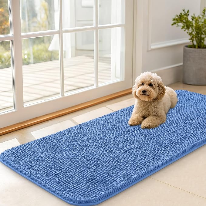 OLANLY Dog Door Mat for Muddy Paws 47x20, Super Absorbent Chenille Mud Mat | Cornflower Blue, Absorbs Moisture and Dirt, Non-Slip Machine Washable Doormat, Quick-Drying Indoor Entryway Carpet for Dogs