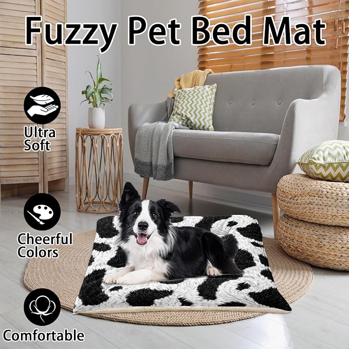 HOSIMA Cow Fur Print Dog Mats for Sleeping,Western Farmhouse Animal Themed Fuzzy Pet Bed Mat,38L*32W Inch,Suitable for Medium Dog Bed,Washable Soft Cozy Black-White Pet Pad.