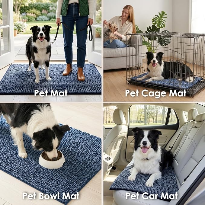 EHEYCIGA Super Absorbent Dog Door Mat for Muddy Paws 48x30 Inch Indoor, Front Doormat Outside Entrance, Quick Dry Chenille Washable Dog Crate Bed, Non-Slip Pet Rug Mud Mat Outdoor Entryway, Navy Blue