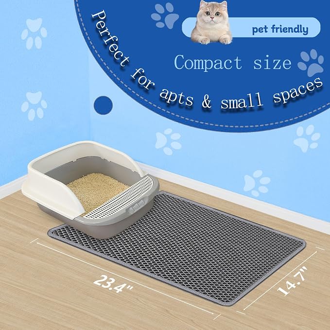 Honeycomb Cat Litter Mat, Double Layer, 23.4"x14.7", Gray | Durable Cat litter box mat, ultra-soft BPA-free non-toxic EVA, non-slip urine-proof base, easy-clean, washable, traps litter