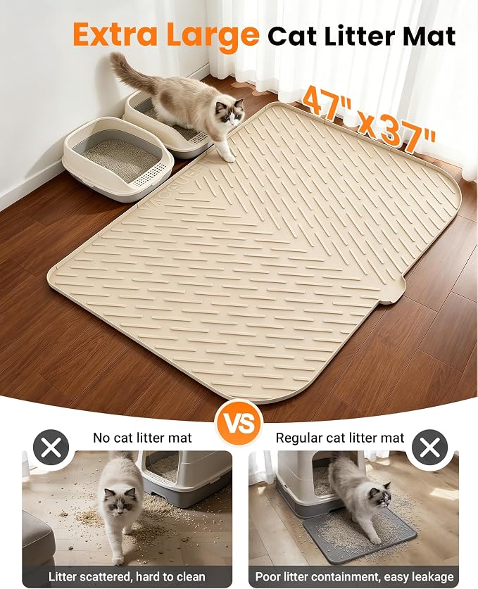Cat Litter Mat, 47"x37" Extra Large Litter Box Mat, Silicone Mat, Beige | Waterproof Litter Trapping Mat for Scatter Control, Soft on Cat Paws Non-Slip Easy to Clean