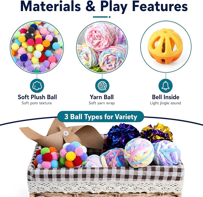 12 Pack 1.7 Inch Cat Toy Balls, Assorted Wool Yarn, Bell & Crinkle Balls for Indoor Cats & Kittens, Interactive Colorful Set