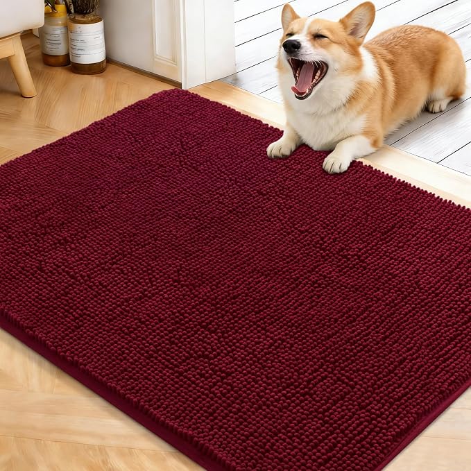 OLANLY Dog Door Mat for Muddy Paws 40x32, Super Absorbent Chenille Mud Mat | Burgundy, Absorbs Moisture and Dirt, Non-Slip Machine Washable Doormat, Quick-Drying Indoor Entryway Floor Carpet for Dogs