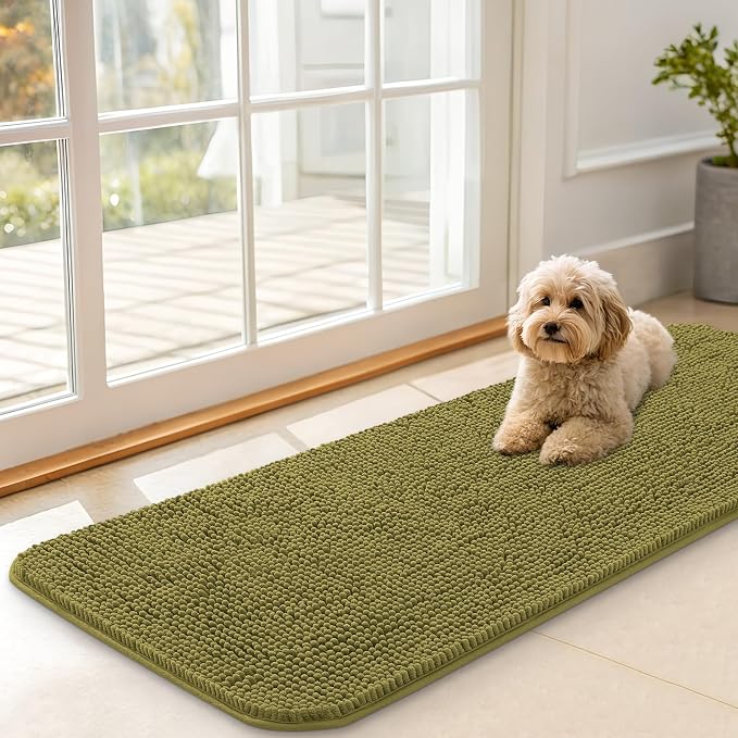 OLANLY Dog Door Mat for Muddy Paws 47x17, Super Absorbent Chenille Mud Mat | Willow Green, Absorbs Moisture and Dirt, Non-Slip Machine Washable Doormat, Quick-Dry Indoor Entryway Floor Carpet for Dogs