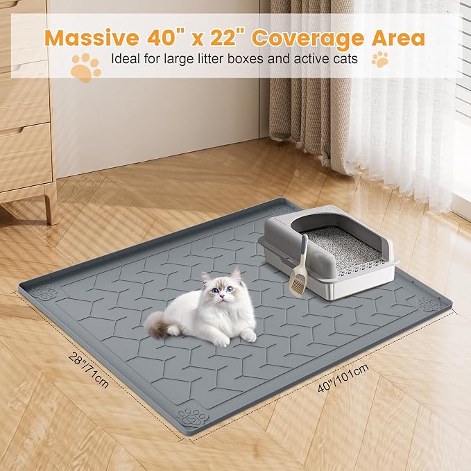 Cat Litter Mat, Extra Large 40"x28" Silicone Mat for Litter Box, Waterproof & Non-Slip Rubber Mat with Lip, Litter Trapping & Scatter Control, Soft on Cat Paws, Urine-Proof Floor Protector