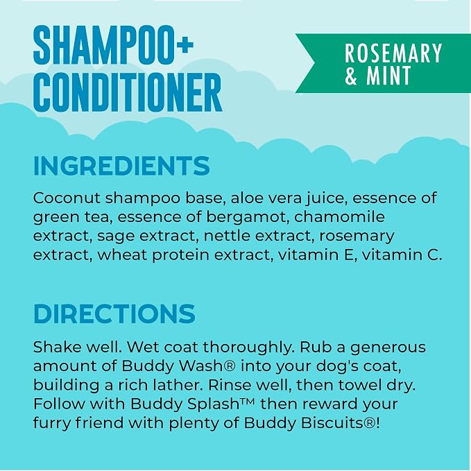 Buddy Grooming Wash 2 in 1 Dog Shampoo, Rosemary & Mint, 16 oz. Bottle