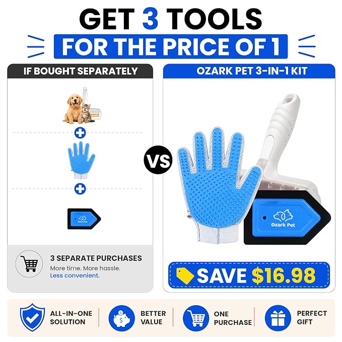 Pet Hair Removal for Home & Car 3-in-1 – Reusable Dog & Cat Removal Kit with Pet Tool, Glove, Mini Detail Cleaning & Furniture Hair Remover for Couch, Upholstery & Car Seats (Blue, Combo 3-in-1)