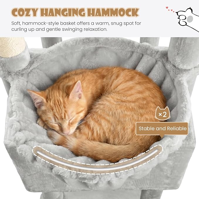 Sha Cerlin 87 in Multi-Level Tall Cat Tree Tower for Large Cats/Extra Wide Feline Activity Center/Sisal Scratching Posts/Wide Base/Cozy Plush Perches/Baskets/Hammocks/Toy Balls/Grey