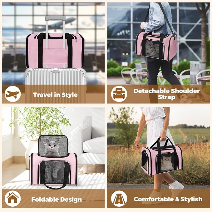 Soft Sided Pet Carrier - TSA Approved Collapsible Waterproof Travel Carrier for Small/Medium Cats Dogs Puppies (Up to 25lbs) - Pink