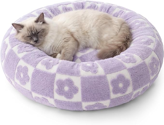 Lesure Shown on TV Donut Cat Bed for Indoor Cats - Small Round Dog Bed for Calming Pet as Gift with Washable Cover, Cute Puppy Bed with Jacquard Shaggy Plush & Anti Slip Bottom, 20 Inch, Flower Checks