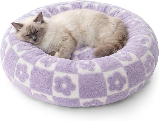 Lesure Shown on TV Donut Cat Bed for Indoor Cats - Small Round Dog Bed for Calming Pet as Gift with Washable Cover, Cute Puppy Bed with Jacquard Shaggy Plush & Anti Slip Bottom, 20 Inch, Flower Checks