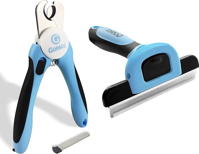 gonicc Dog & Cat Pets Nail Clippers and Grooming Brush. Nail Clippers with Safety Guard to Avoid Overcutting, Free Nail File. Dog Brush Effectively Reduces Shedding by Up to 95%. Professional Groomin