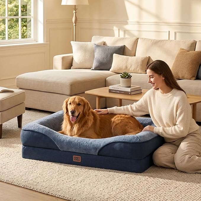 EHEYCIGA Orthopedic Dog Bed for Large Sized Dog, 41x27 Inch Large Memory Foam Dog Couch Bed with Sides, Waterproof Liner & Washable Removable Cover, Bolster Pet Sofa, Navy