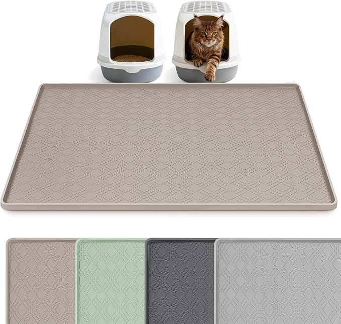 Silicone Cat Litter Mat 42" x 29" Cat Mat for Litter Box, Khaki | Extra Large Cat Litter Trapping Mat for Floor, Waterproof, Non-Slip Kitty Litter Box Mat with Raised Edge, Easy to Clean