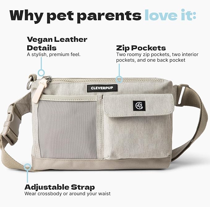 Dog Walk & Train Sling Bag - Hands-Free Dog Walking & Training Bag with Treat Pouch, Poop Bag Holder & Phone Pocket - Crossbody or Fanny Pack, Adjustable Strap - Sand