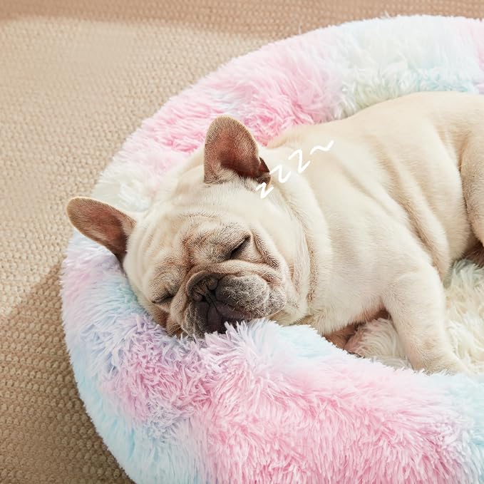 Love's cabin Calming Cat Bed for Indoor Cats, Anti-Anxiety Donut Round Dog Bed,Fluffy Faux Fur Washable Pet Bed for Small Medium Dogs and Cats, Rainbow, 20in