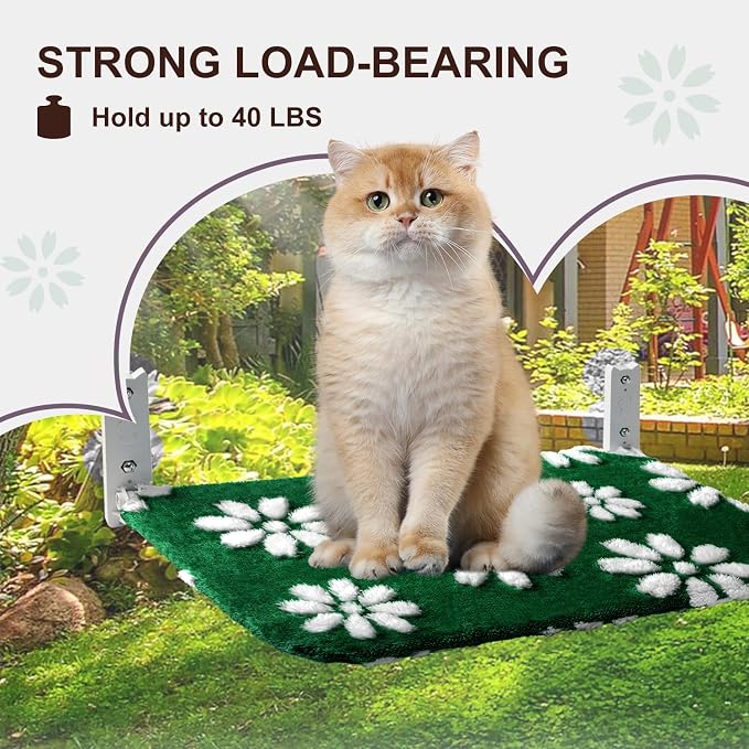Cute Cat Window Perch, Foldable Cat Window Hammock, Green | Cordless Window Seat Bed for Indoor Cats, 3D Textured Flower Cover, Strong Suction Cups