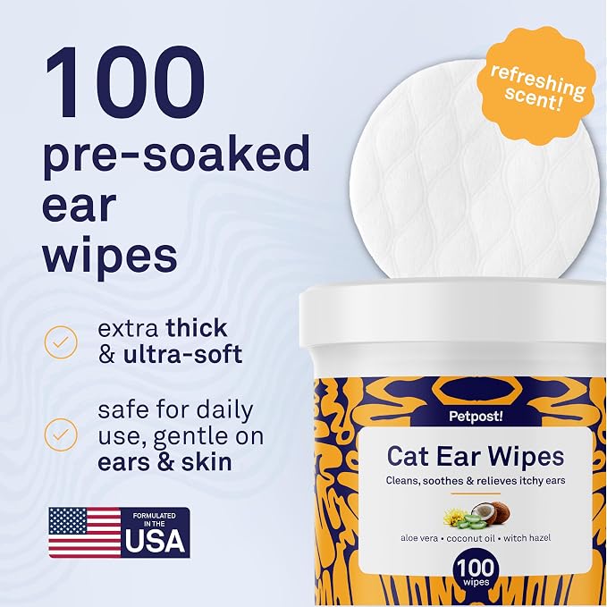 Petpost | Cat Ear Cleaner Wipes - Ultra Soft Cotton Pads in Coconut Oil Solution - Treatment for Removing Cat Ear Dirt & Wax 100 ct.