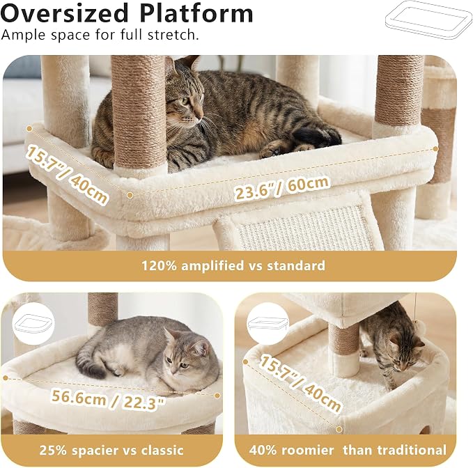 Heybly Cat Tree 72.4-Inch Anti-Tip Cat Tower with Spacious Perches HCT060MJ | All-in-One Cat Furniture for Large Cats, Multiple Interactive Areas, Extra-Large Sisal Scratching Board, Beige