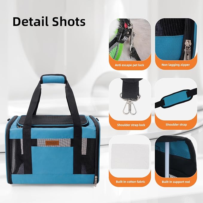 YUNIQUE Soft-Sided Cat & Dog Carrier for Pets Up to 15 Lbs, Airline Approved Collapsible Travel Puppy Carrier with Lightweight Fabric Design (Blue)