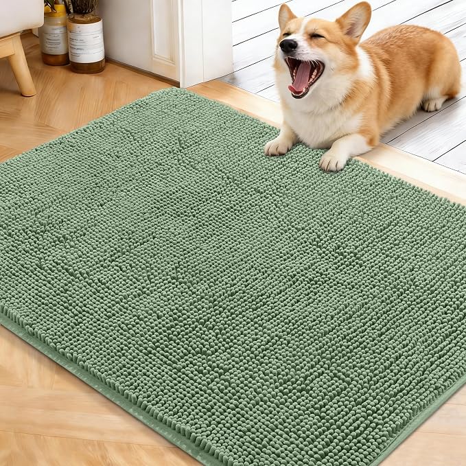 OLANLY Dog Door Mat for Muddy Paws 40x32, Super Absorbent Chenille Mud Mat | Olive Green, Absorbs Moisture and Dirt, Non-Slip Machine Washable Doormat, Quick-Drying Indoor Entryway Floor Carpet for Dogs