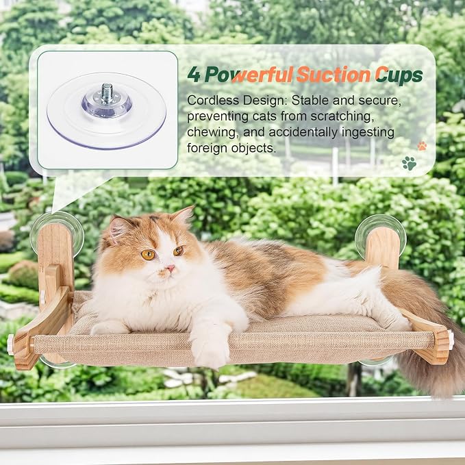 Large Foldable Cat Window Perch - Natural Pine Cat Sill Seat, 50LBS Heavy Duty Cordless Design, Space-Saving No-Scratch Window Hammock for Indoor Cats