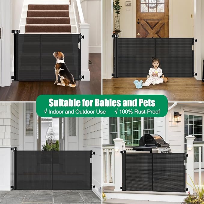 Reinforced 50" Wide Retractable Baby Gate Retractable Dog Gate with Support Rods - Anti-Bottom Crawl, Mesh Gate Retractable Gate Outdoor Retractable Pet Gate Indoor Doorway/Hallway/Stair Gate, Black