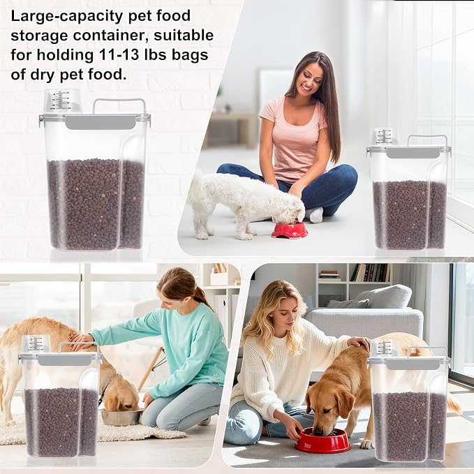 LEAWALK 10-13 Lbs Upgrade Capacity Dog Cat Food Storage Container, Pet Dog Treat Container, Airtight, Clear Bucket Body, With 2-Cup Scoop, Handle, Large Nozzle, 4-Safety Buckles, Easy to Clean, Gray