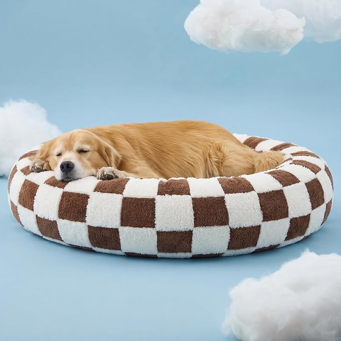 LE SURE Shown on TV Donut Dog Bed Extra Large Size Dog - Round Pet Beds for Calming Puppy with Washable Cover, Orthopedic Modern Beds with Jacquard Shaggy Plush & Anti Slip Bottom, 42 Inch，Brown