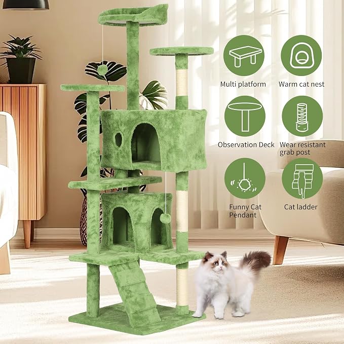 BestPet | 70" Cat Tree Tower | Green | Sturdy, Easy to Assemble, Multi-Level Activity Center with Sisal Scratching Posts, Condos, Perches, Hanging Cat Toys, Observation Decks & Ladder