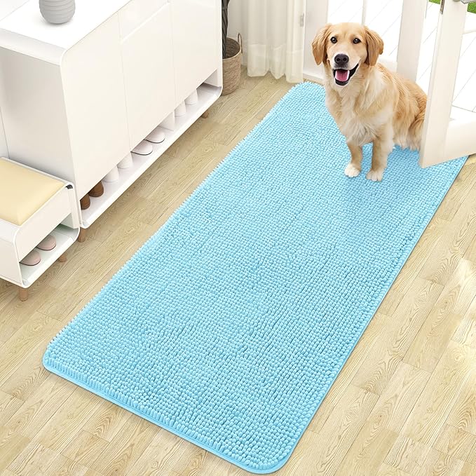 OLANLY Dog Door Mat for Muddy Paws 47x24, Super Absorbent Chenille Mud Mat | Blue, Absorbs Moisture and Dirt, Non-Slip Machine Washable Doormat, Quick-Drying Indoor Entryway Floor Carpet for Dogs