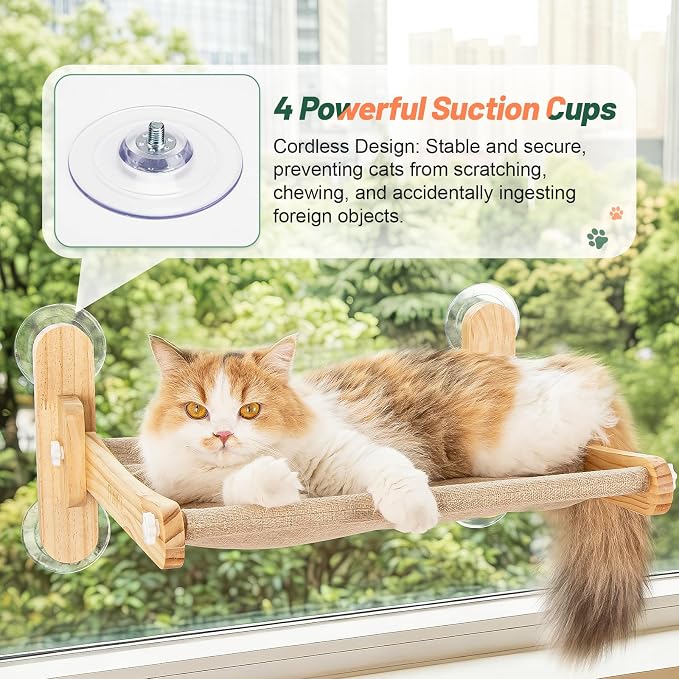 Cat Window Perch, 100% Natural Pine Foldable Cat Window Seat, Cordless Safety Design with 50LBS Weight Capacity, No Drilling Easy Installation for Indoor Cats & Home Decor