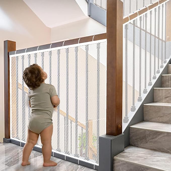 Baby Gate for Stairs, Banister Guard for Kids, Pets, Toys, 2 Sets 21.6 ft L x 2.6 ft H Mesh Netting Safety Net for Balcony Rail Stair, Stairway Net Safety Products for Indoor & Outdoor (White)