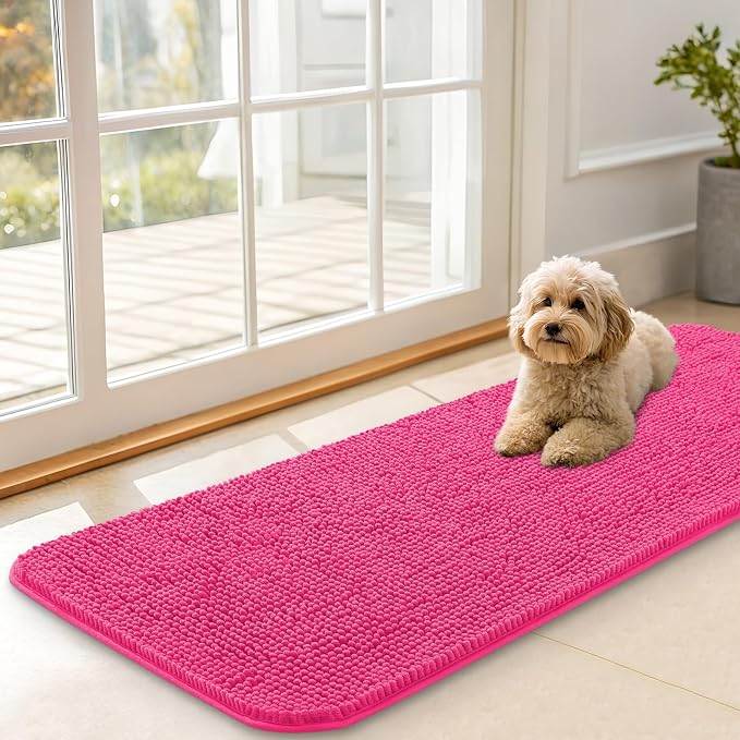 OLANLY Dog Door Mat for Muddy Paws 47x17, Super Absorbent Chenille Mud Mat | Hot Pink, Absorbs Moisture and Dirt, Non-Slip Machine Washable Doormat, Quick-Drying Indoor Entryway Floor Carpet for Dogs