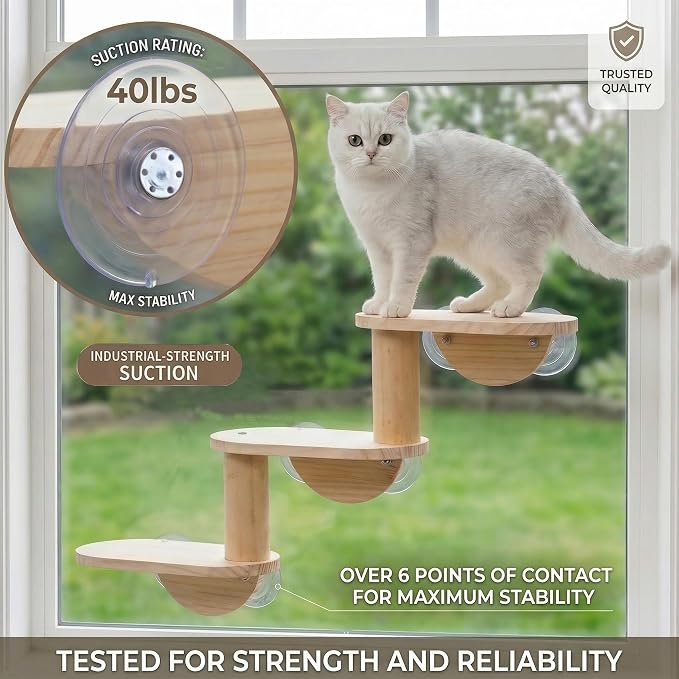 Cat Window Ladder, 3-Level Solid Pine Steps for Climbing and Bird Watching | Window-View Enrichment,Drill-Free,Hold Up to 40lbs, For Small to Medium Cats,Minimum 30 in Unobstructed Glass Width