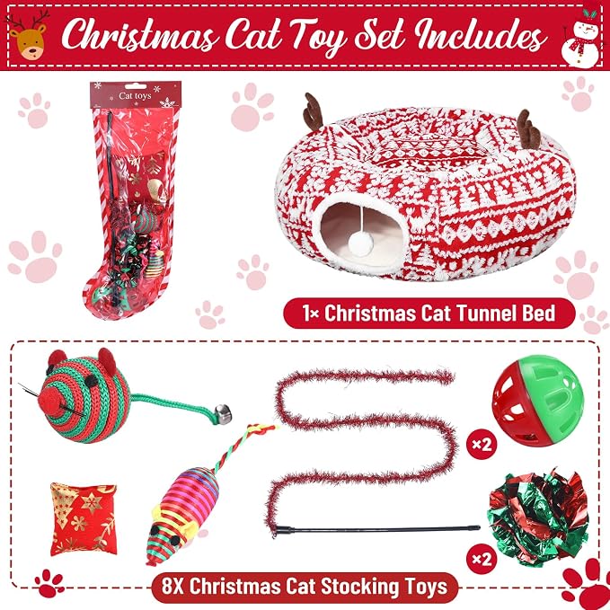 Dansydaisy Cat Tunnel Christmas Tree Skirt, Snowflake Deer Cat Tunnel Bed with Toys, Hanging Ball Plush Washable Cushion and Dangling Balls 3FT Peekaboo Playground for Small Medium Rabbit Xmas Decor