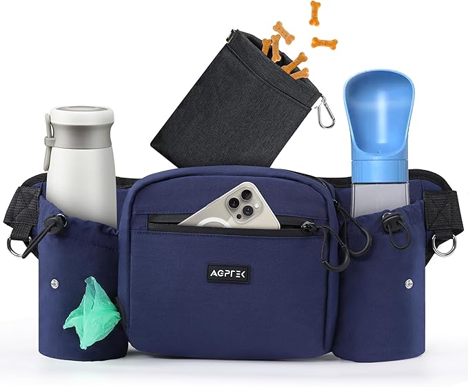 AGPTEK Dog Treat Pouch,Dog Walking Bag | Poop Bag Holder,Dual Bottle Holders,Removable Snack Pouch,Dark Blue