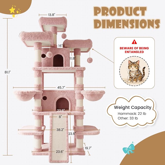 SHA CERLIN 81 Inches Extra Large Cat Tree for Indoor Adult Cats/XXL Big Cat Tower with Condo/Cozy Perches/Sisal Scratching Posts and Hammocks/Activity Center/F80/Heavy Duty/Pink