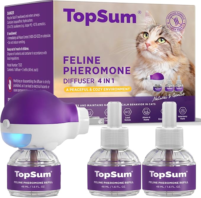 TopSum Cat Calming Pheromone Diffuser: Feline Pheromones Plug in for Stress, Alone At Home, Spraying, Fighting, Scratching, Aggression & Excessive Meowing (Purple, 1 Diffuser+3 Refills)