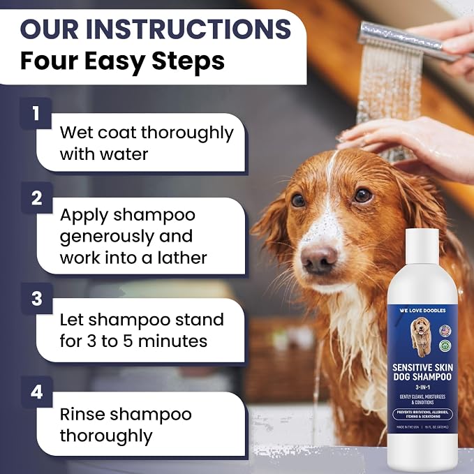 Dog Shampoo for Sensitive Skin with Oatmeal & Aloe, Hypoallegenic Tearless | Soothes Itching, Scratching & Allergies, Natural Sensitive Skin Dog Shampoo, Tear Free For Cats & Pets, 16OZ, Made in USA