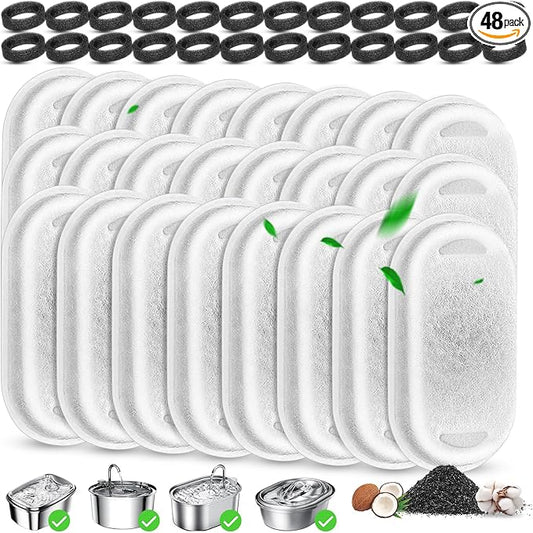 Cat Water Fountain Filters Replacement, 24 Pcs Pet Water Fountain Filter with 24 Pcs Foam Sponges for 67oz/2L & 108oz/3.2L Stainless Steel Pet Cat Water Fountain Dispenser Filters
