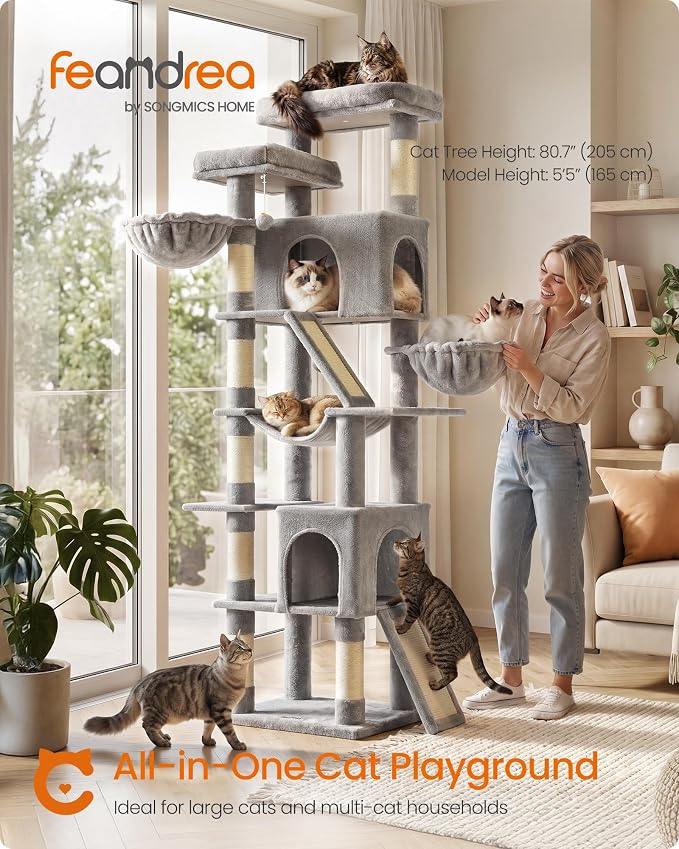 Feandrea Large Cat Tree, 81.1" Tall Sturdy Cat Tower for Indoor, Dove Gray | Sturdy Tall Climbing Tower, Multi-Level Condo for Indoor Cats, Dove Gray, CLAWFY Collection UPCT021G101