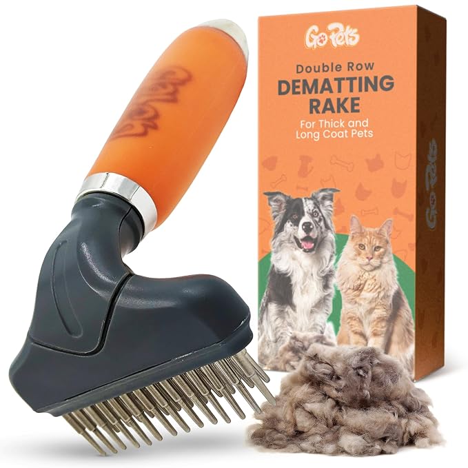 Double Row Dematting Rake Undercoat Deshedding Tool for Dogs & Cats | Dog Brush for Shedding and Grooming, Long Hair Pet Grooming Brush for Mat Removal, Detangling, and Shedding Control