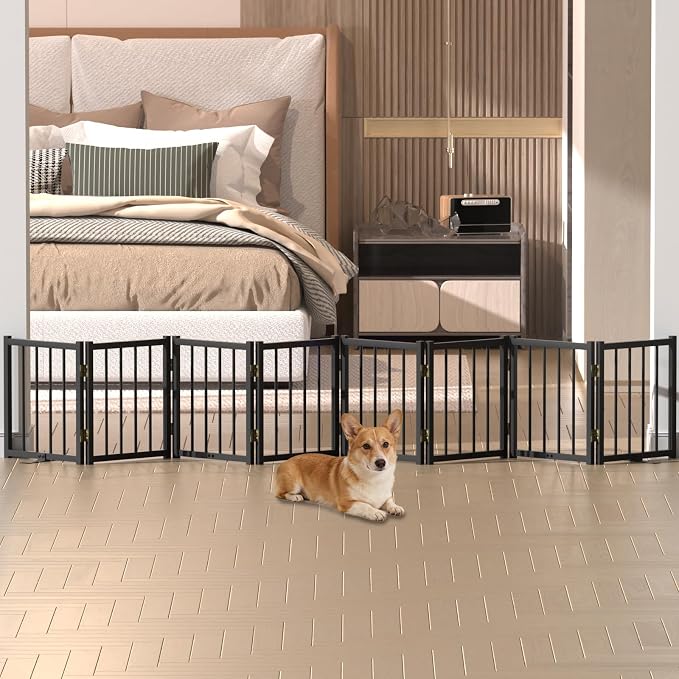 Snuowu 16" Freestanding Short Dog Gate for Small Dogs – Foldable & Retractable, Expands Up to 96" Wide, 8-Panel Pet Barrier for Doorways, Stairs & Hallways (Black)