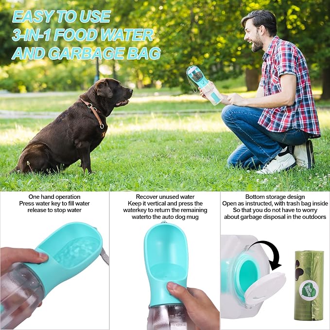 3-in-1 Portable Dog Water Bottle Dispenser,Crate with Food Container, Replaceable Waste Bags,Dog Stuff Accessories Items, Puppy Essentials Necessities,for Walking&Hiking(20oz-Blue)
