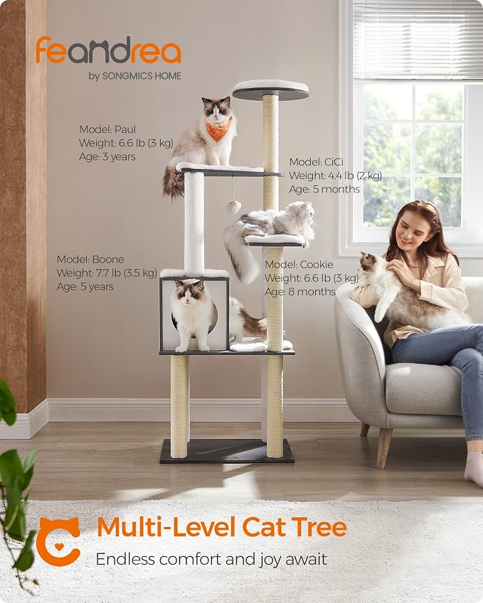 Feandrea Cat Tree, 65-Inch Multi-Level Tower with 5 Scratching Posts | Modern Cat Condo for Indoor Cats, Perch, Washable Removable Cushions, Misty Gray, CAEN Collection UPCT166G03